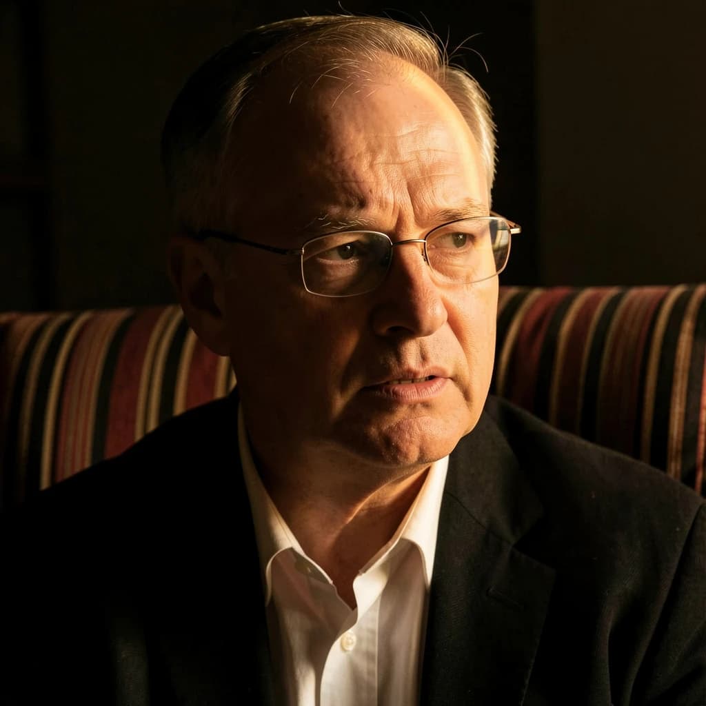 A sharply lit portrait of a middle-aged man wearing thin-rimmed glasses and a dark jacket over a white collared shirt. He gazes intently to the side, his face half illuminated by warm light while the background recedes into deep shadow. The expression is thoughtful, almost wary, as if caught mid-conversation. Behind him, a striped cushion in muted reds and blacks adds subtle texture, contrasting with the crisp highlights on his forehead and glasses. The overall mood is contemplative and cinematic, balancing warmth with tension.