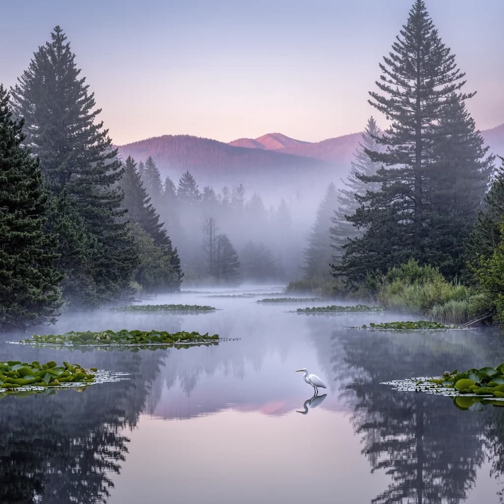 With pre-dawn mist along a cedar forest river and glassy water dotted with lily pads, distant mountains blush pink, and a heron stands still like it forgot what to do next.
