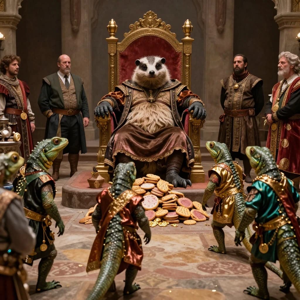 Big Weasel, the tyrannical ruler of the Levitus, slouches on his throne, his mood foul but somewhat brightened by the sight of gifts - a wearisome group of lizard traders adorned in fine silks proceed toward him through the hall with their annual tribute of biscuits, ham and gold - Big Weasel's favourites. Big Weasel's entourage looks on with stern approval.