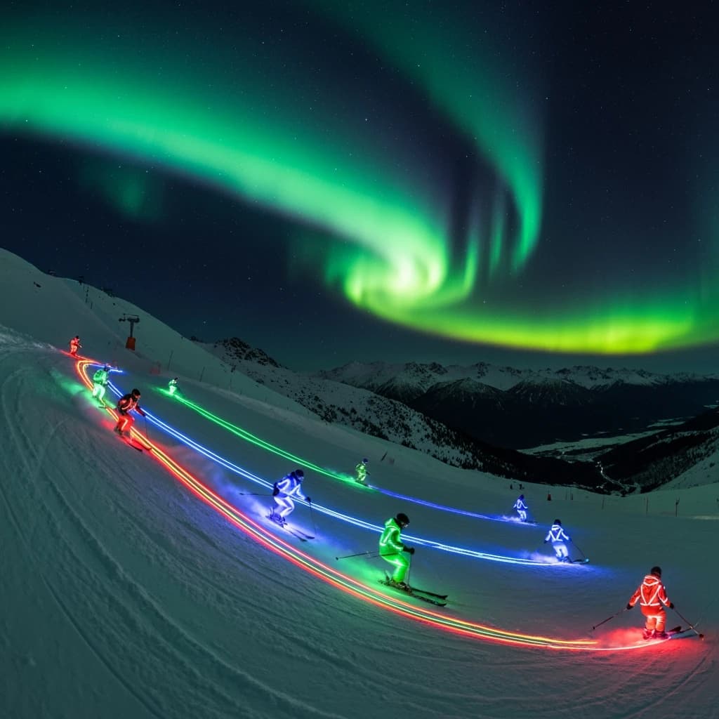 Coronet Peak Night Skiing: Skiers in colorful LED suits carve their way down the slopes of New Zealand's Coronet Peak under the Aurora Borealis, the skiers' light trails visible behind them