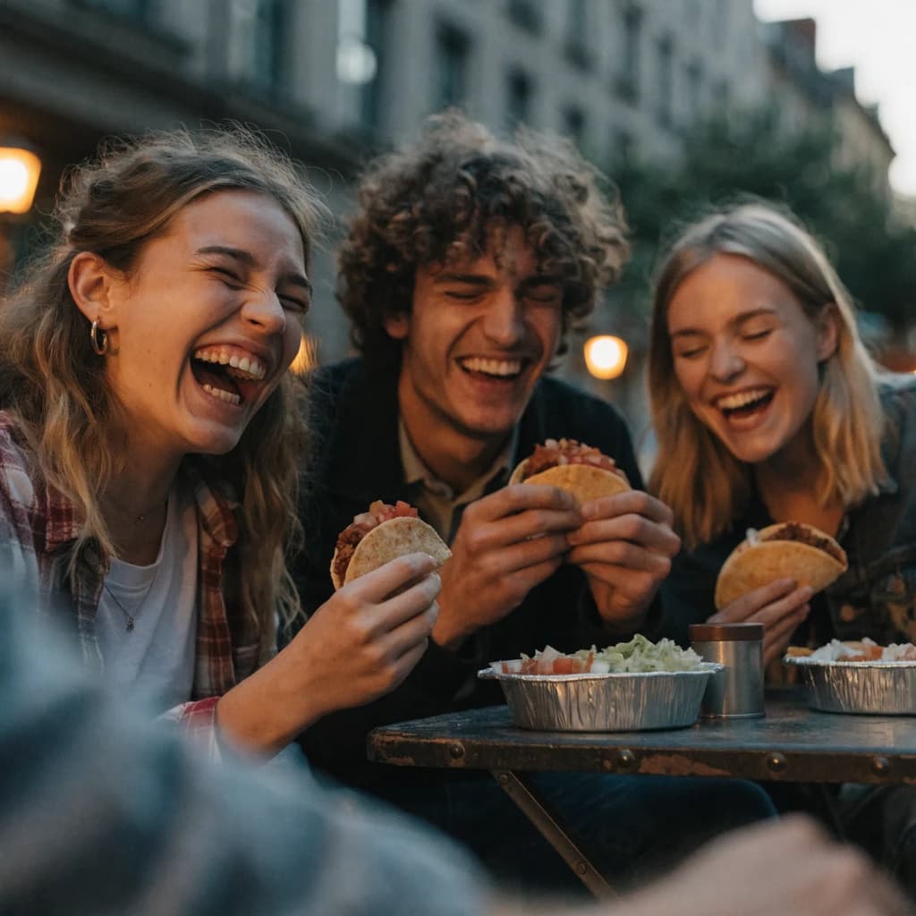 Friends laugh over street tacos at dusk, candid, shallow depth.