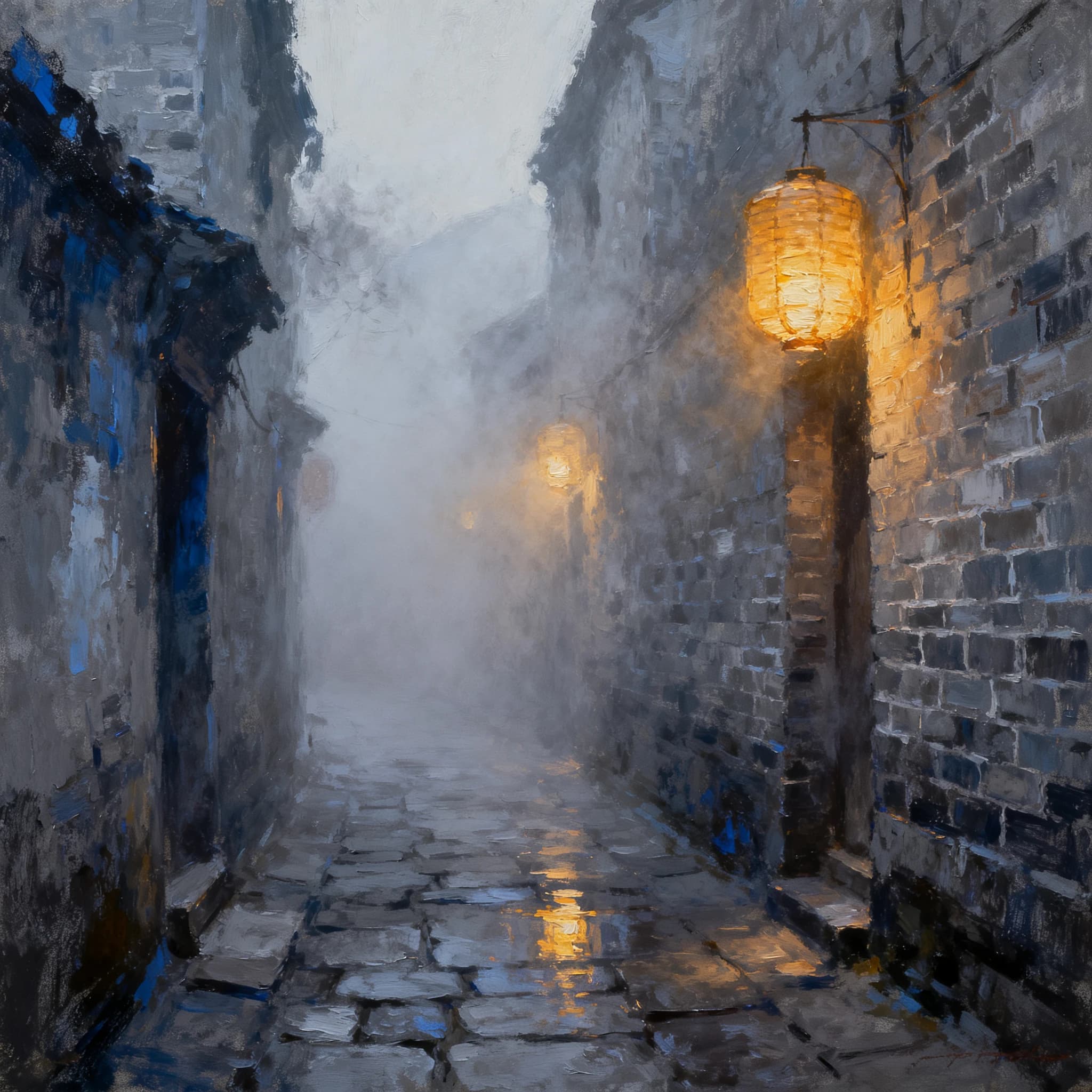 Please create an oil painting of a narrow alley, a bit foggy, glowing lanterns.