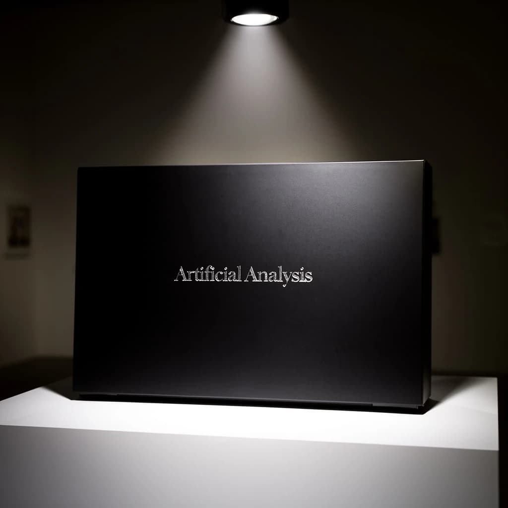 A premium matte black laptop-sized box rests on a pure white pedestal within a gallery space. Overhead, a single spotlight carves sharp contrast, leaving the edges in deep shadow. The brand name Artificial Analysis is embossed in silver foil, glinting faintly as though it were jewelry.