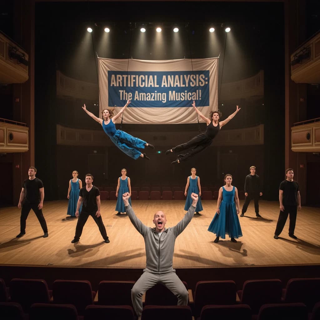 The musical troupe do a rehearsal in a large, empty theatre. 9 people are on the stage, half wear black and the others wear blue. The skinny bald director, seated in the second row, is practically leaping out of their seat with excitement as the leads nail their aerial. A giant banner reading "Artificial Analysis: The Amazing Musical!" is behind the actors.