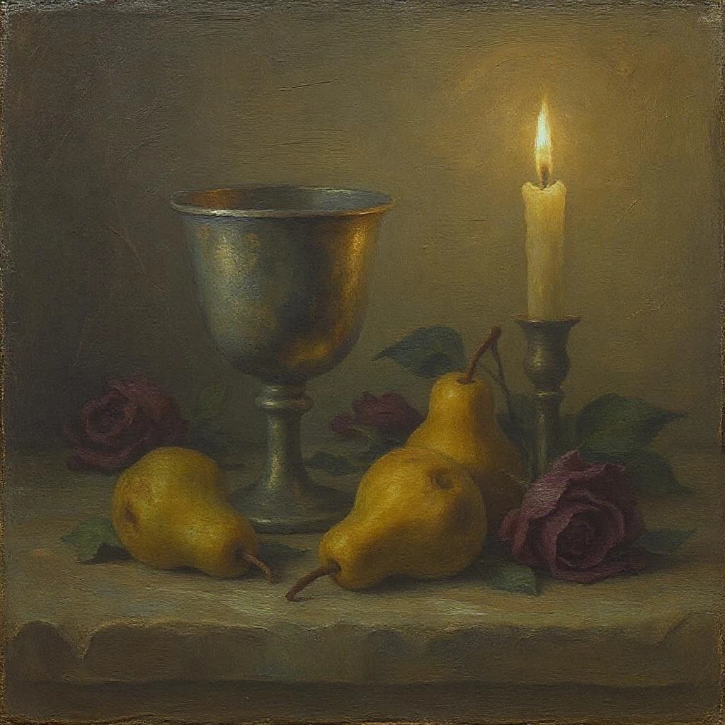 Create an oil on canvas still life with a tarnished goblet, bruised pears, and wilted roses, lit by a single candle; a bit muted palette, soft brushwork, subtle craquelure.