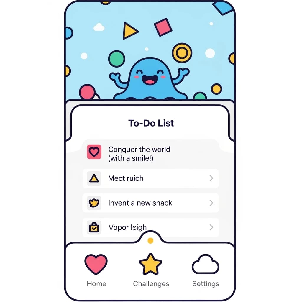 Playful mobile app dashboard, thick outlines, flat colors, friendly microcopy.