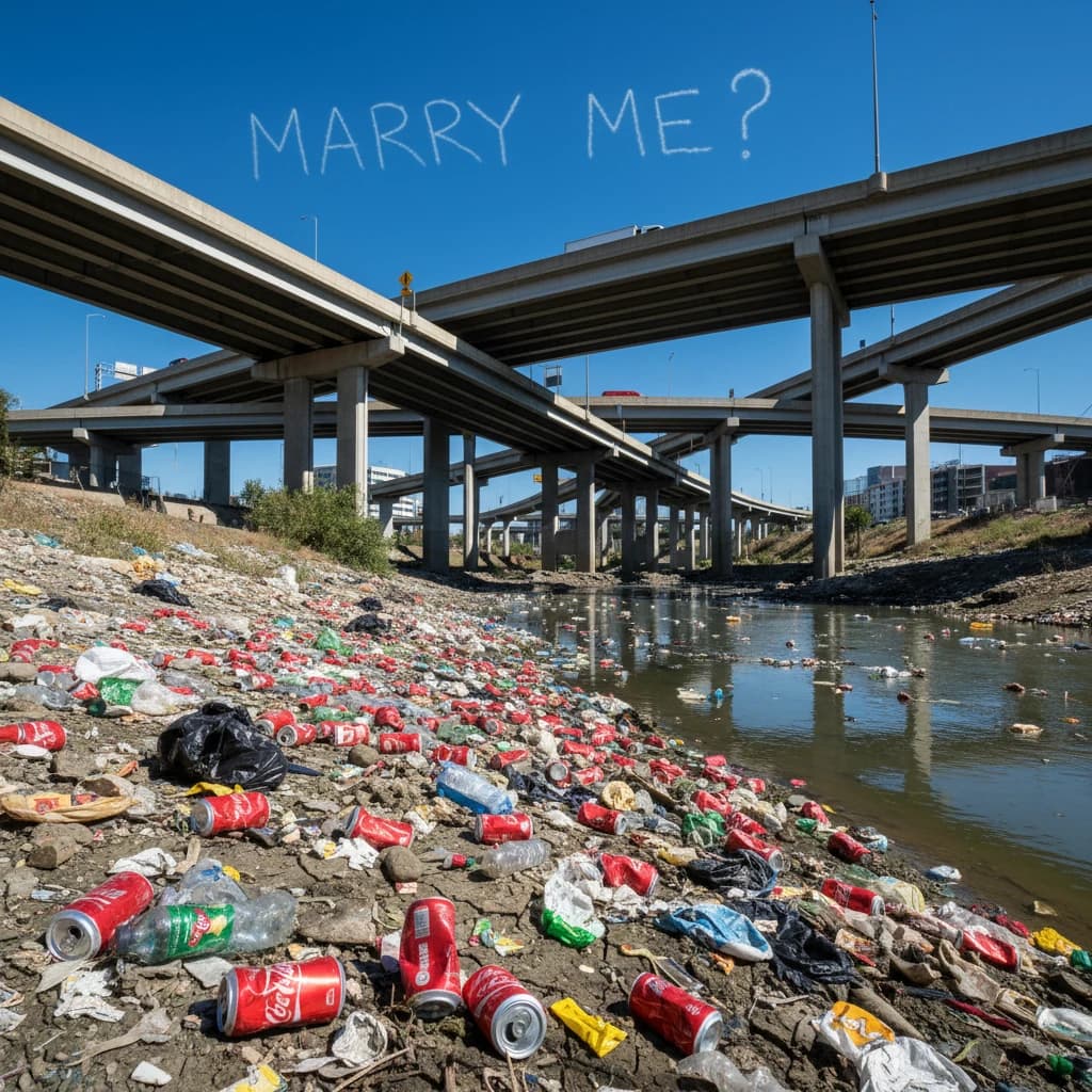 Red soda cans and other garbage sit strewn across the bank of an urban river only a few metres wide. Concrete overpasses criss cross overhead on a bright and sunny day. Fading skywriting proposes marriage
