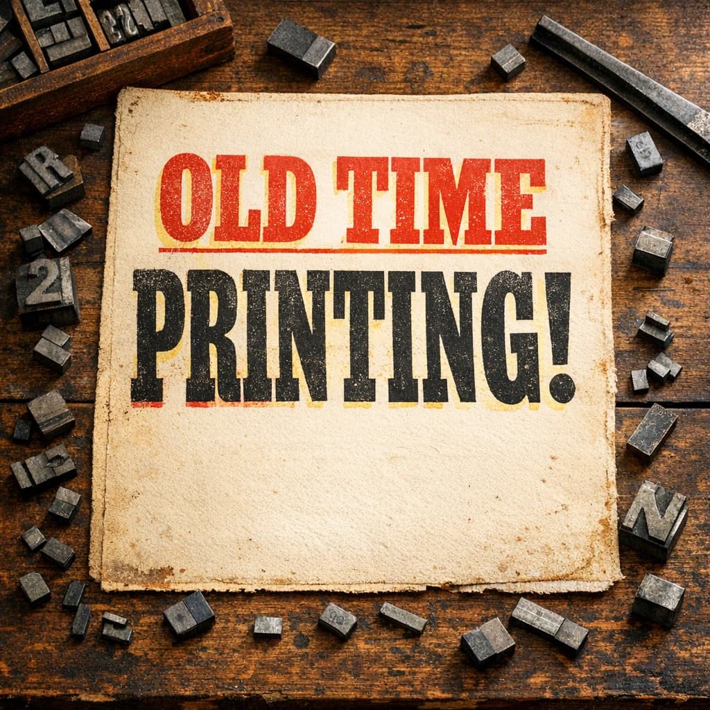 A vintage letterpress poster on a wooden desk: bold slab serif headline, tight kerning, misregistered ink, slightly worn edges, scattered metal type, soft window light.