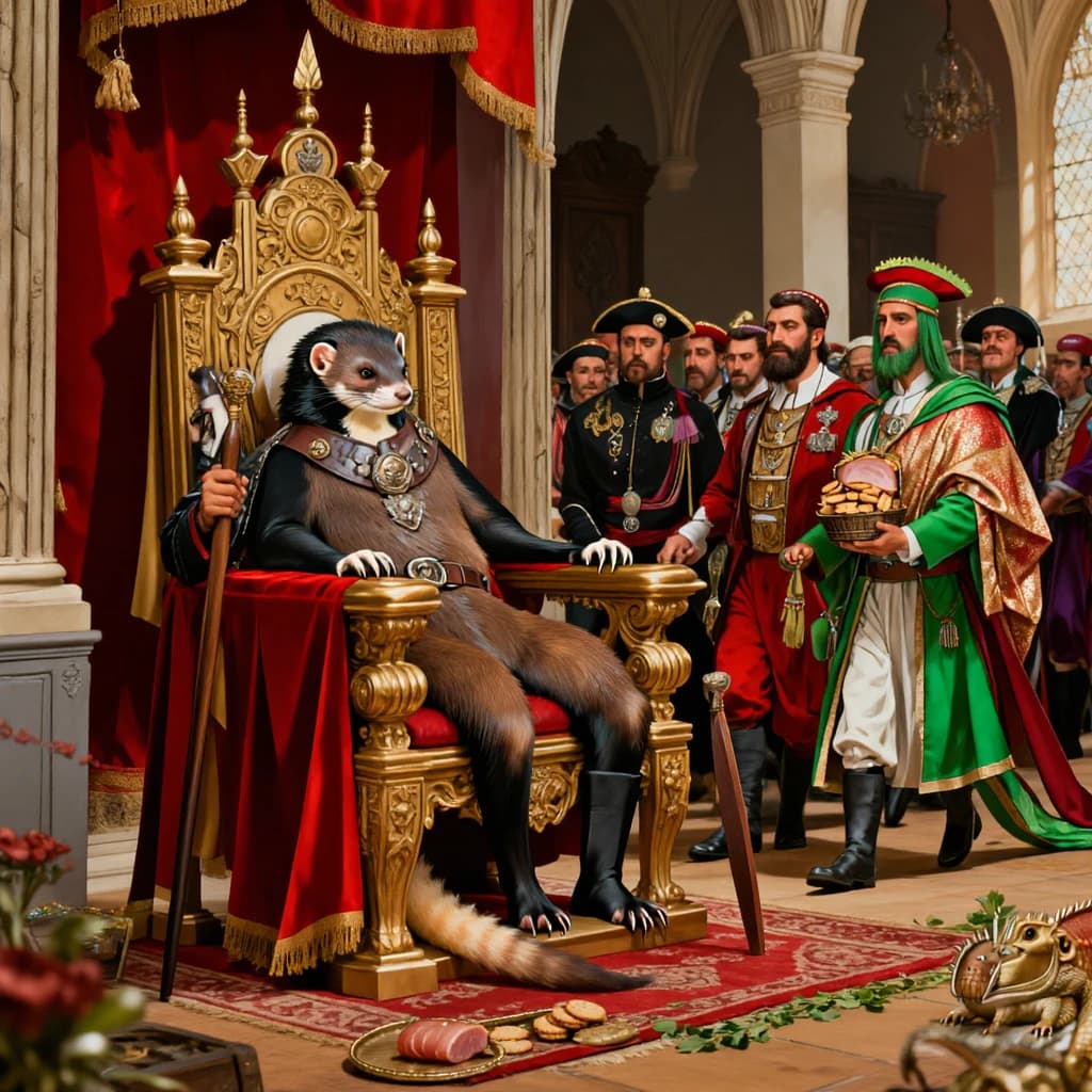 Big Weasel, the tyrannical ruler of the Levitus, slouches on his throne, his mood foul but somewhat brightened by the sight of gifts - a wearisome group of lizard traders adorned in fine silks proceed toward him through the hall with their annual tribute of biscuits, ham and gold - Big Weasel's favourites. Big Weasel's entourage looks on with stern approval.