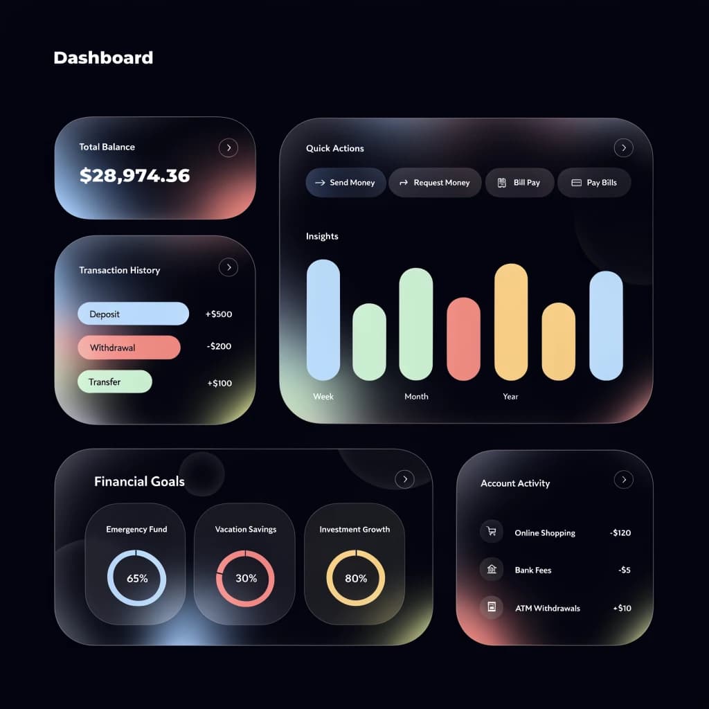 Dark mode banking dashboard with glassmorphism.
