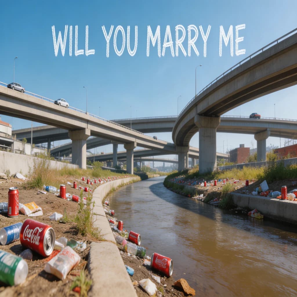 Red soda cans and other garbage sit strewn across the bank of an urban river only a few metres wide. Concrete overpasses criss cross overhead on a bright and sunny day. Fading skywriting proposes marriage