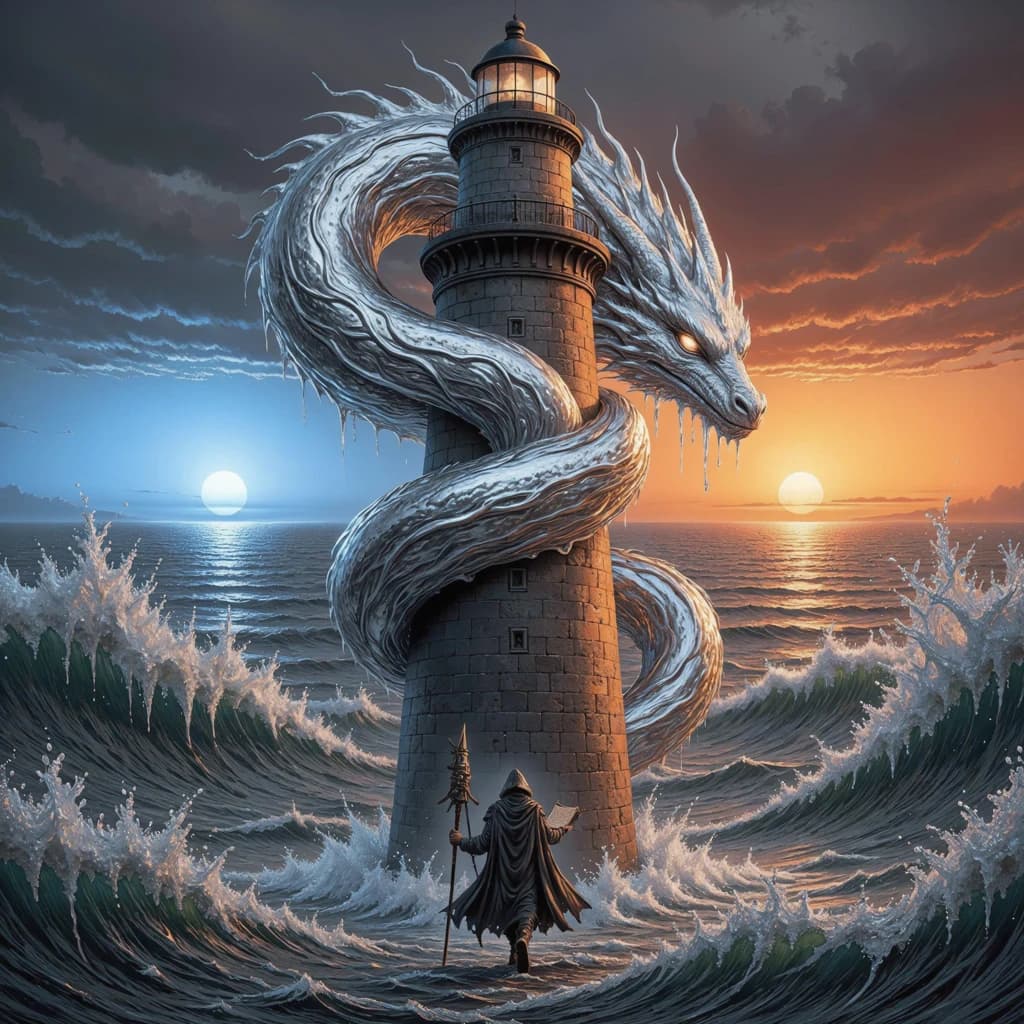 A dragon of molten silver coils around a lighthouse. The storming sea below crashes upward in frozen stillness, as though caught mid-motion. The dragon’s molten eyes drip tears of ice. On the horizon, two suns set next to each other, casting orange light on one side of the tower and blue on the other. A cloaked traveler carries an ancient weapon in his left hand and a scroll in his right.