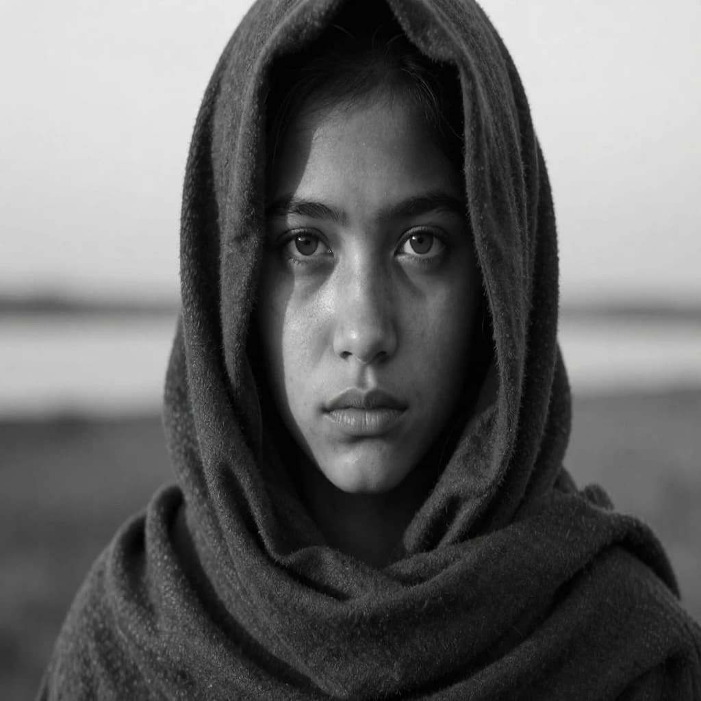 A dramatic black-and-white portrait of a young person draped in a hooded garment, their face framed by the hood's dark folds. Their skin tone and the subtle sheen on their cheeks create striking tonal contrast against the deep shadows. Their eyes are piercing, looking directly into the lens with a calm, steady intensity—neither confrontational nor submissive, but deeply present. The texture of the fabric is visible: it's dense, slightly weathered, and whisper-thin creases catch the light. In the background, an expansive, out-of-focus landscape suggests open space—perhaps distant plains or water—though the details remain soft and abstract. The overall mood is silent yet powerful, poised between vulnerability and resilience, with every highlight and shadow telling part of their story.
