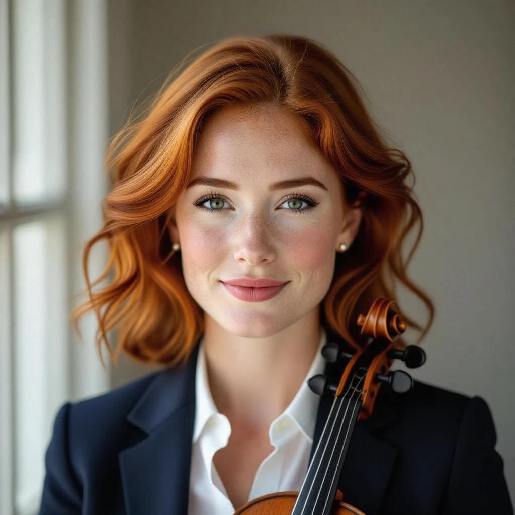 Capture a head-and-shoulders portrait of a freckled red-haired violinist in a navy blazer, soft window light, 85mm at f/1.8, gently smiling yet serious eyes, muted tones.