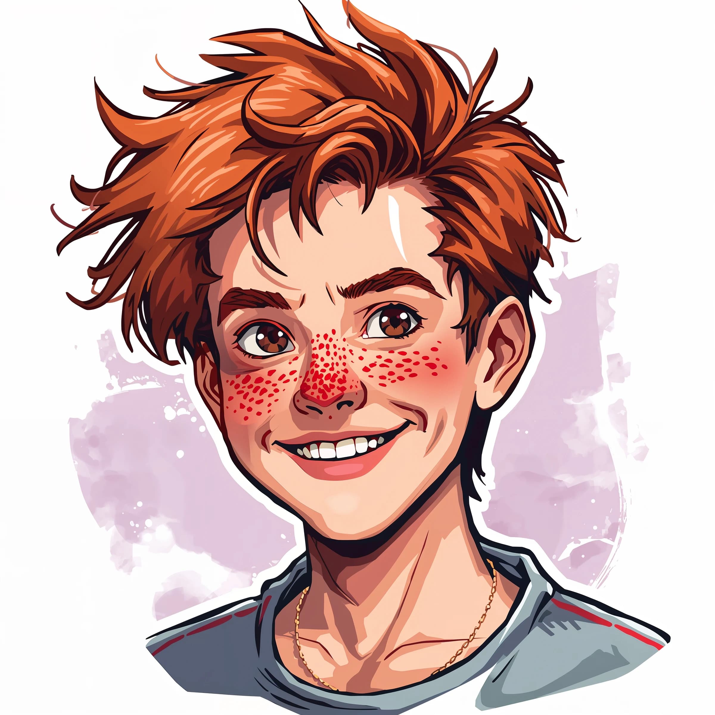 A cel-shaded portrait of a freckled skateboarder, messy red hair, bright grin.
