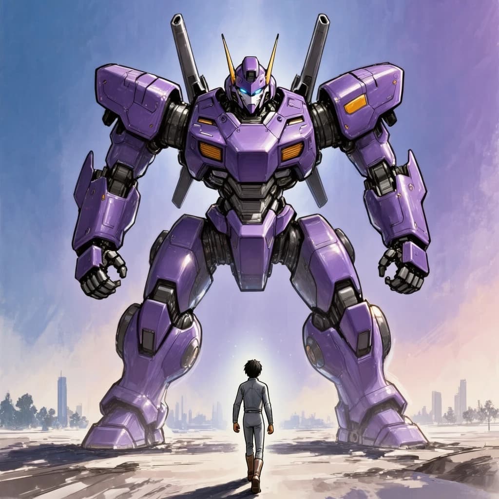 Clad in his body suit up to the neck, young Masa nervously approaches the towering mech with his back facing us. He is nervous for his first time in the field. The mech's bright purple colour scheme contrasts with the grey body suit. The scale of the mech dwarfs Masa. Hand drawn style