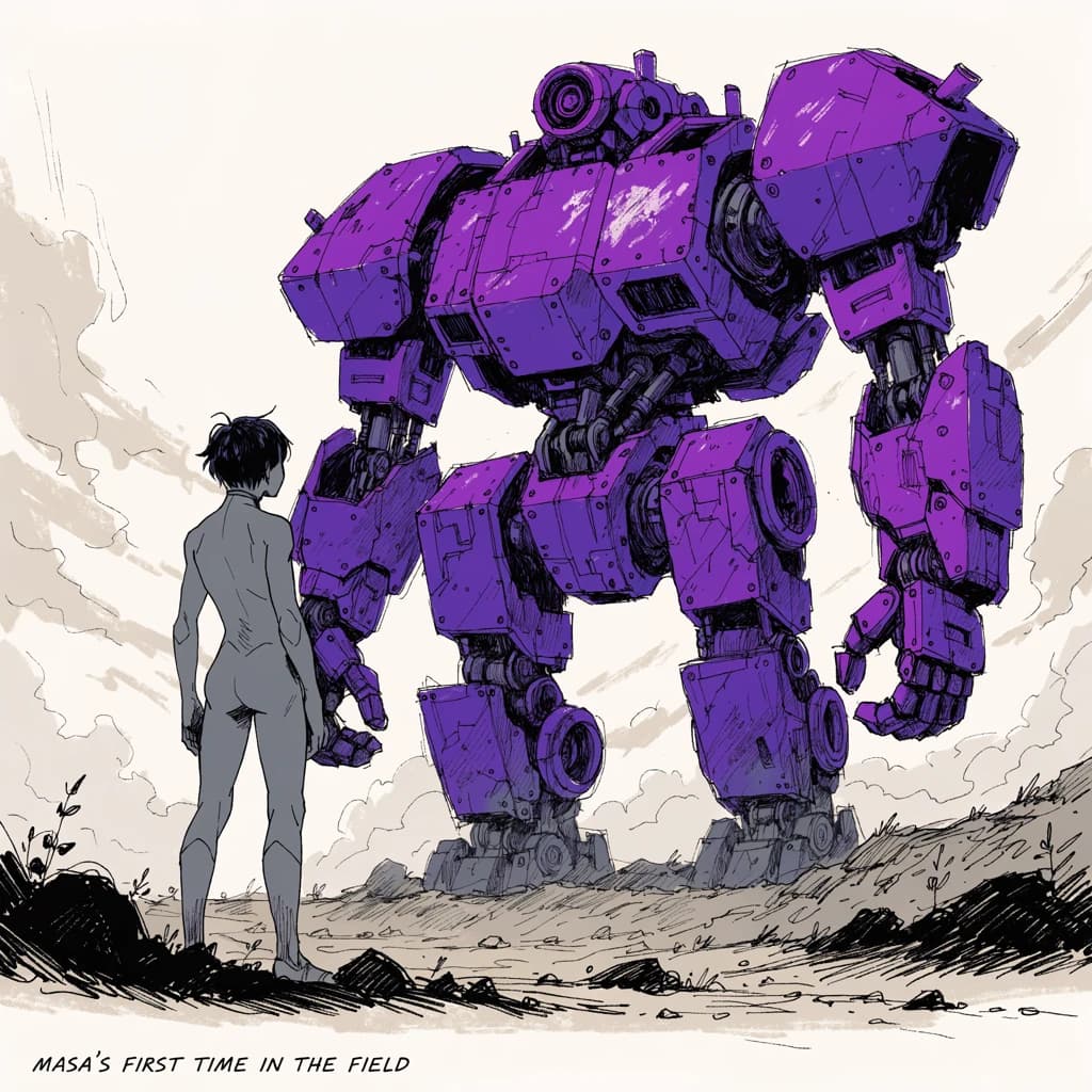 Clad in his body suit up to the neck, young Masa nervously approaches the towering mech with his back facing us. He is nervous for his first time in the field. The mech's bright purple colour scheme contrasts with the grey body suit. The scale of the mech dwarfs Masa. Hand drawn style