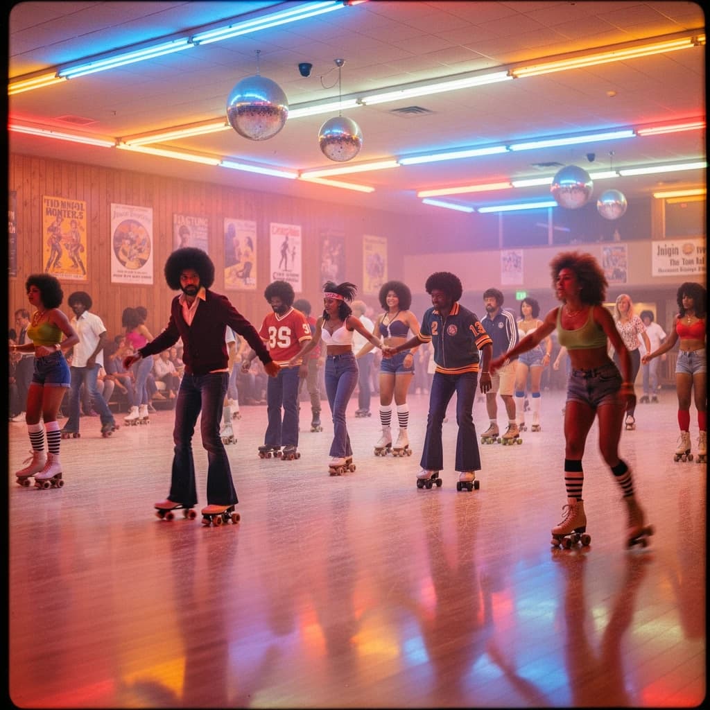 A 1970s roller rink crowd skates under neon, with a bit of fade and film grain.