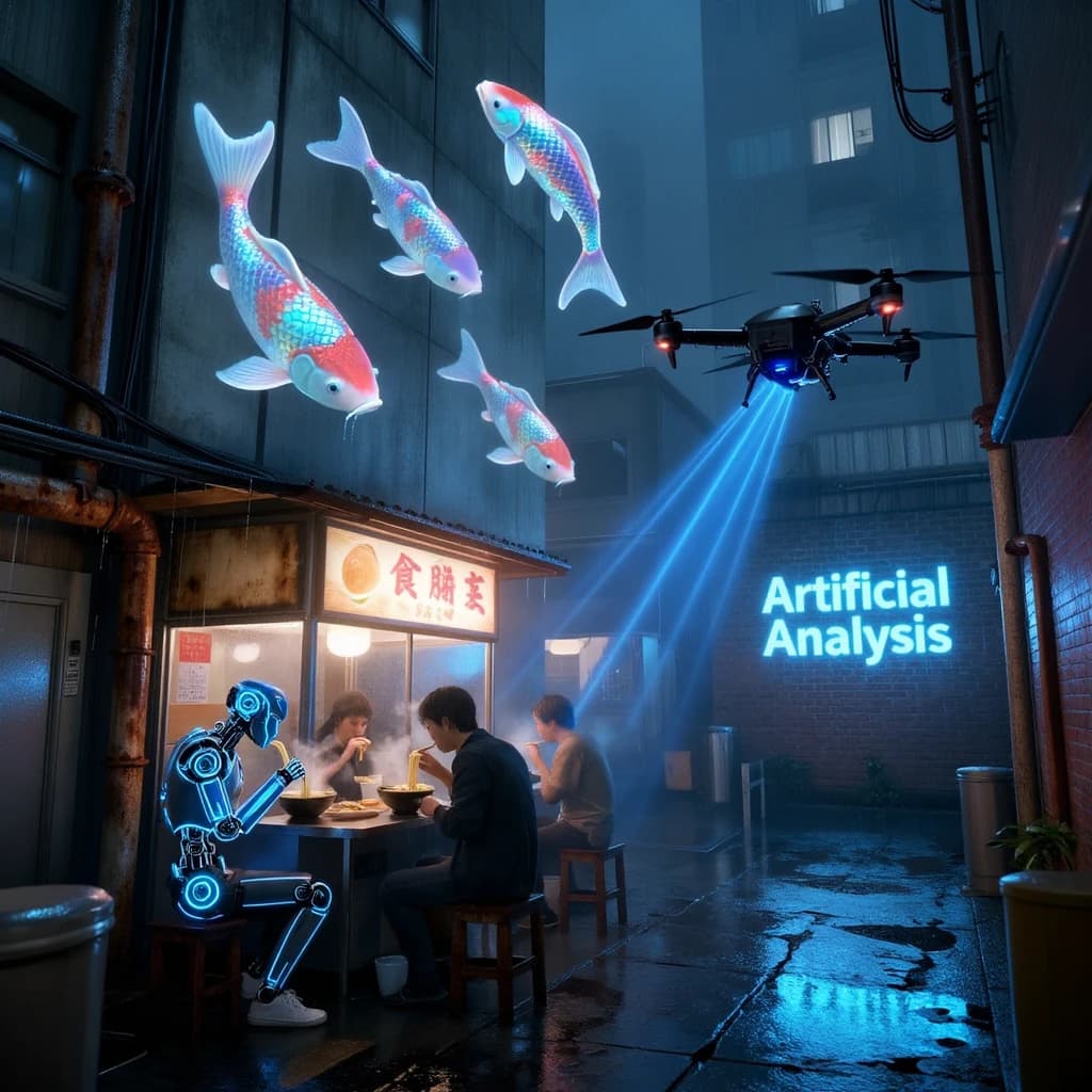 A neon alley in Neo-Tokyo 2142 drips with rain Cybernetic patrons slurp ramen at a stall with their glowing implants humming with blue light. Three giant holographic koi hover 10 metres above the ground and swim across the skyline, one has clipped into a building. A six-prop drone hovers nearby, projecting "Artificial Analysis" onto a wall with blue laser beams visible