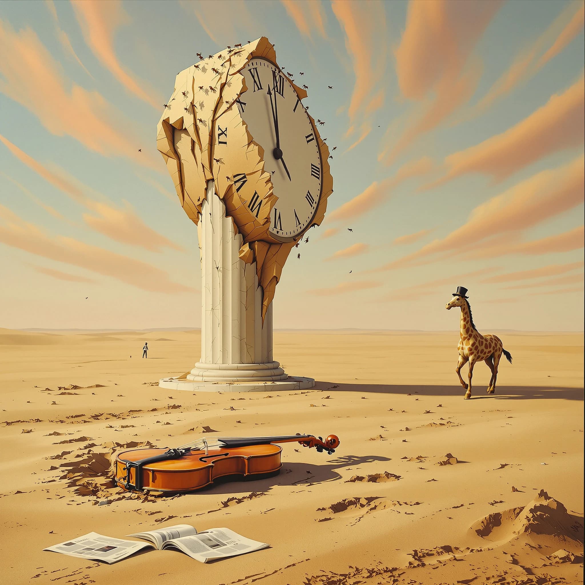 A vast desert plain stretches endlessly under a sky streaked with pale pink and ochre clouds. In the center stands a colossal clock, its face drooping and melting over the edge of a broken marble column. Ants swarm across its warped surface, glinting in the harsh sunlight. To the right, a horse with a giraffe like neck wearing a top hat strides toward the horizon, its shadow stretching miles across the sand. A cracked violin lies half-buried in the foreground, strings snapping outward like veins. Painted in the dreamlike surrealist style. A newspaper named the "Artificial Analysis Daily" lies on the Floor.