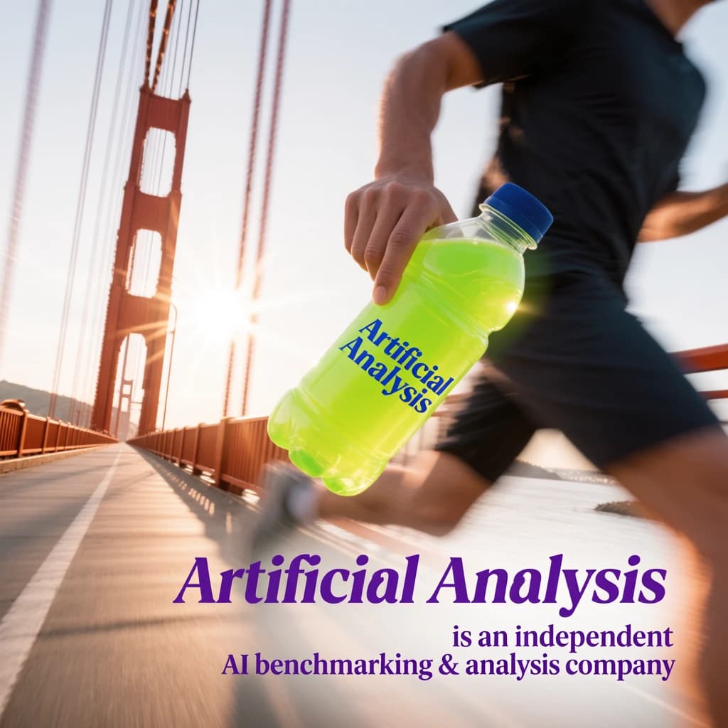 A runner dashes across the Golden Gate Bridge at dawn, sunlight streaming between cables. In their hand, they carry a neon-green sports drink with the brand name Artificial Analysis splashed boldly across the bottle. Motion blur emphasizes speed, while crisp purple sans serif typography overlays the bottom right of the scene with the tagline: Artificial Analysis is an independent AI benchmarking & analysis company