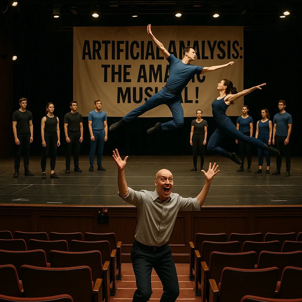 The musical troupe do a rehearsal in a large, empty theatre. 9 people are on the stage, half wear black and the others wear blue. The skinny bald director, seated in the second row, is practically leaping out of their seat with excitement as the leads nail their aerial. A giant banner reading "Artificial Analysis: The Amazing Musical!" is behind the actors.
