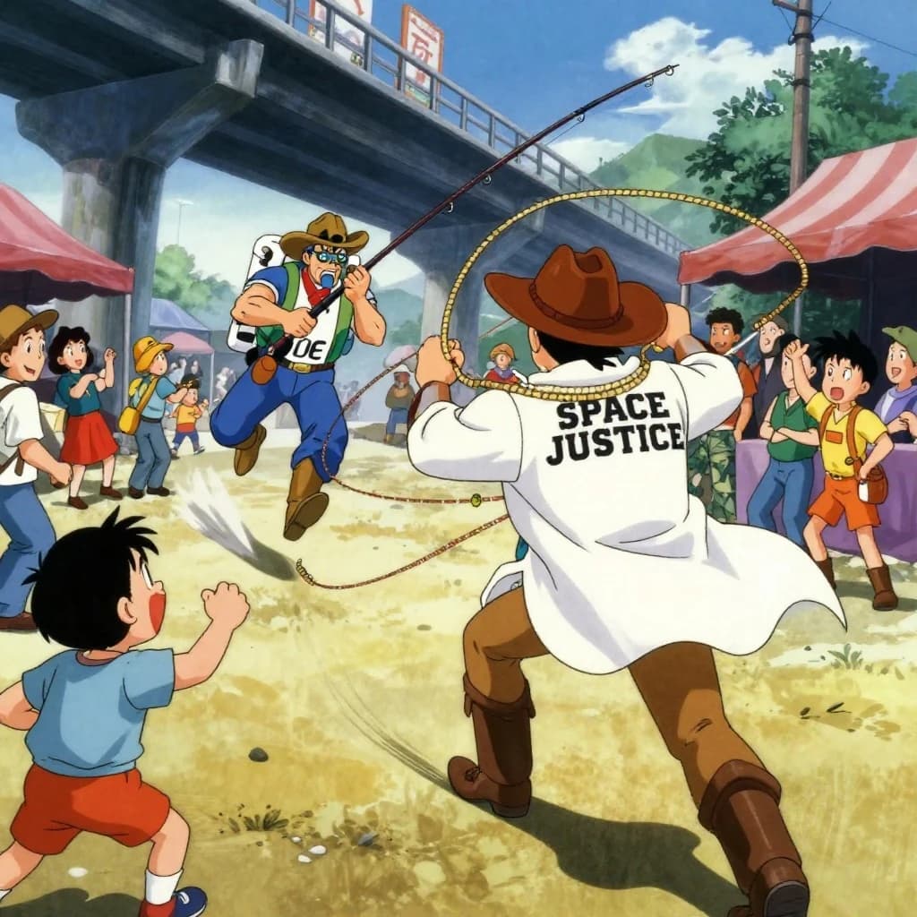 The space cowboy chases the deranged fisherman underneath the causeway, eager to collect on his bounty. Fishing rods and lines hang off the back off the fishermen as he darts between the bustling market crowd. We see the back of the space cowboy in his space poncho emblazoned with the words SPACE JUSTICE, spinning his lasso over his head. A child on the sidelines excitedly cheers the cowboy. 1990s hand drawn anime style with strong fluidity