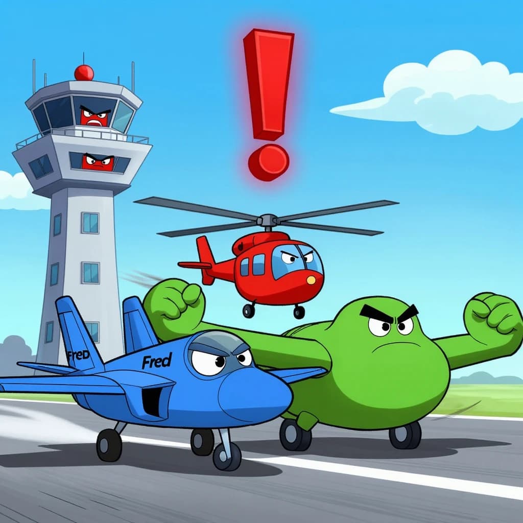 Almost at the runway, Fred the Fighter Jet is racing with Barry the Bomber to see who lands first. Fred has a mischievous trick up his sleeve but Hermione the Helicopter is going to stop him before he gets the chance. The control tower is very angry and has a big exclamation mark. Hand drawn cel look