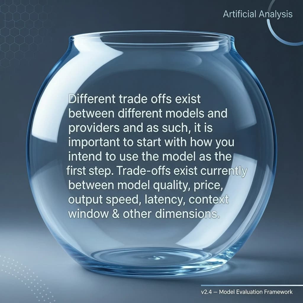 In a clear transparent blue glassy rounded box, etch "Different trade offs exist between different models and providers and as such, it is important to start with how you intend to use the model as the first step. Trade-offs exist currently between model quality, price, output speed, latency, context window & other dimensions. " in sans serif medium weight text. Artificial Analysis is watermarked over the top right 