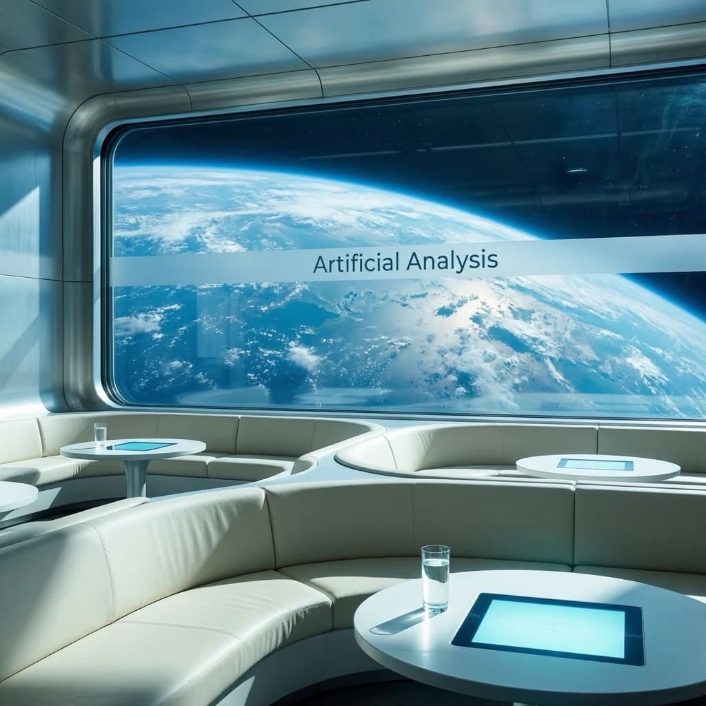 The orbital lounge has brushed aluminum walls and pale leather banquettes. Low white tables are inset with glowing touchscreens. Drinks are clear, flavorless, in tall unmarked glasses. The viewport is floor-to-ceiling, showing Earth moving slowly beneath. The word Artificial Analysis is etched discreetly on the glass in a frosted band.