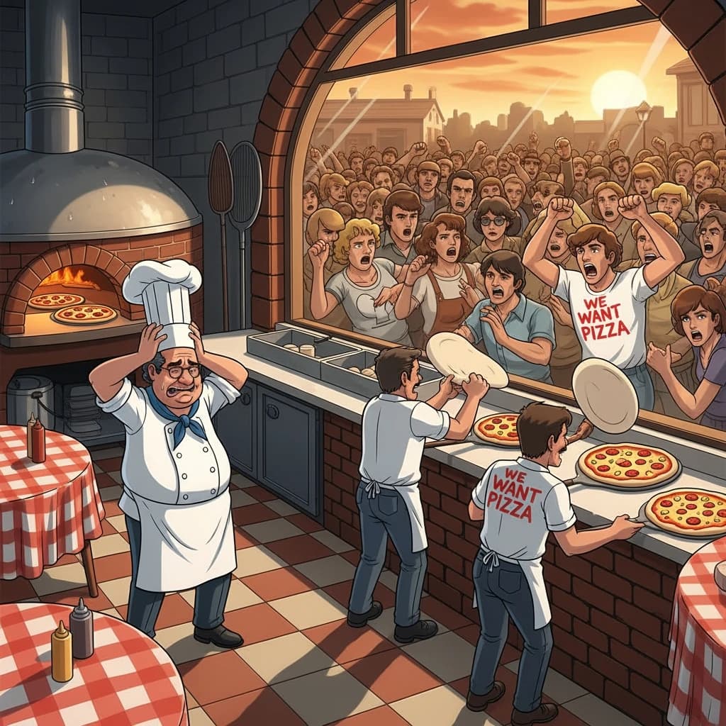 Pasquale is pulling his few remaining hairs out over a disaster at the pizzeria - the cooks are working as fast as they can but the crowds outside are swelling and they demand hot hot pizza! They are banging on the glass and some are wearing "we want pizza" shirts. 1980s western TV animation style.