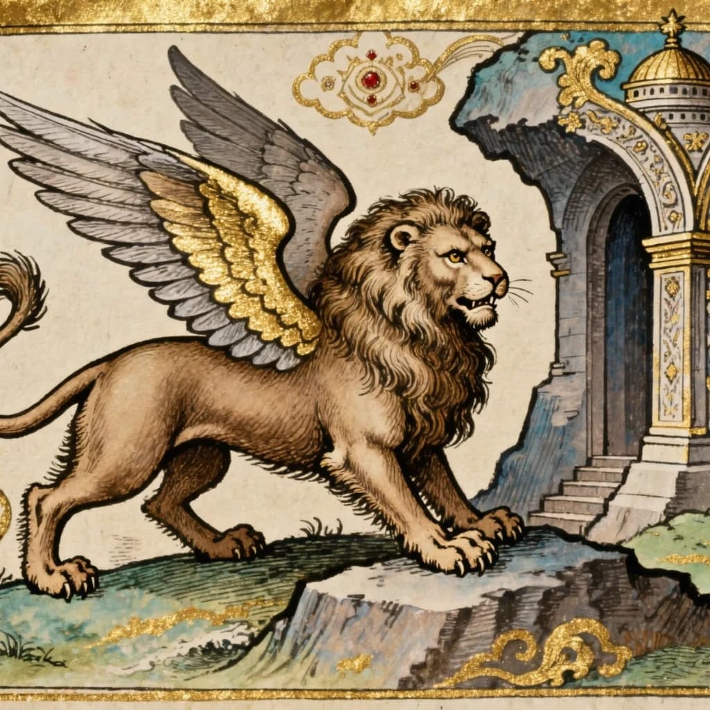 Paint an illuminated manuscript scene of a winged lion guarding a sea gate.