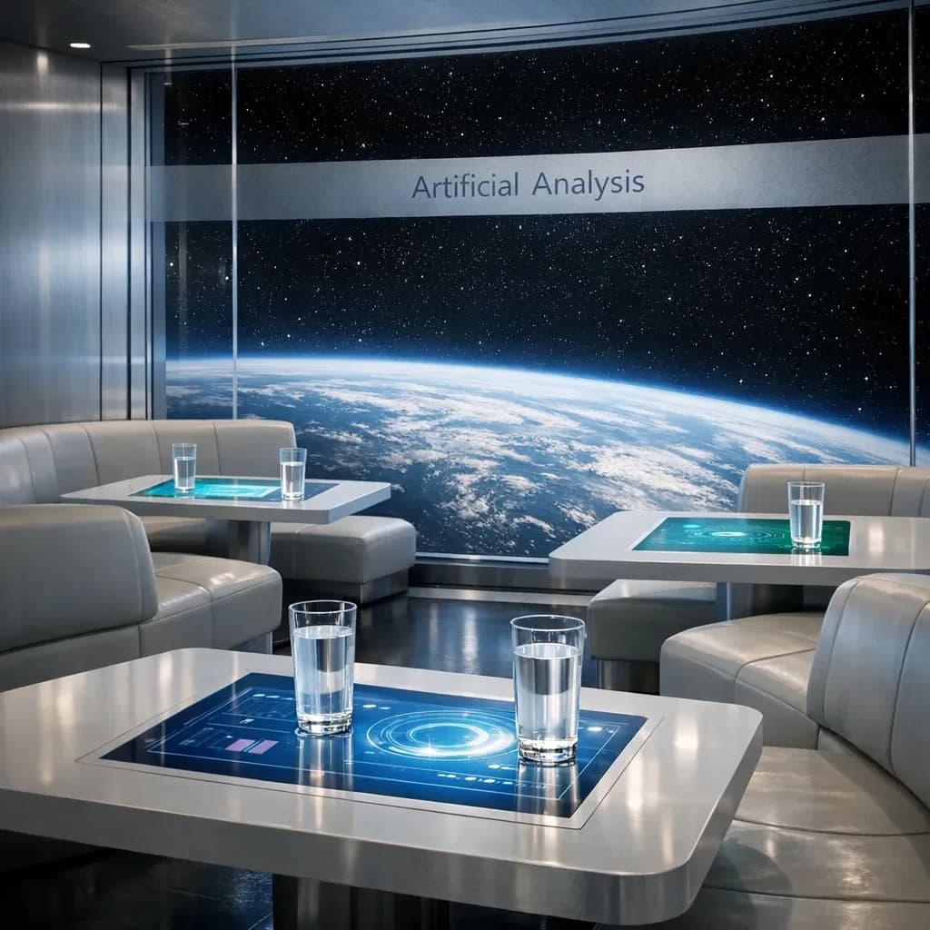 The orbital lounge has brushed aluminum walls and pale leather banquettes. Low white tables are inset with glowing touchscreens. Drinks are clear, flavorless, in tall unmarked glasses. The viewport is floor-to-ceiling, showing Earth moving slowly beneath. The word Artificial Analysis is etched discreetly on the glass in a frosted band.