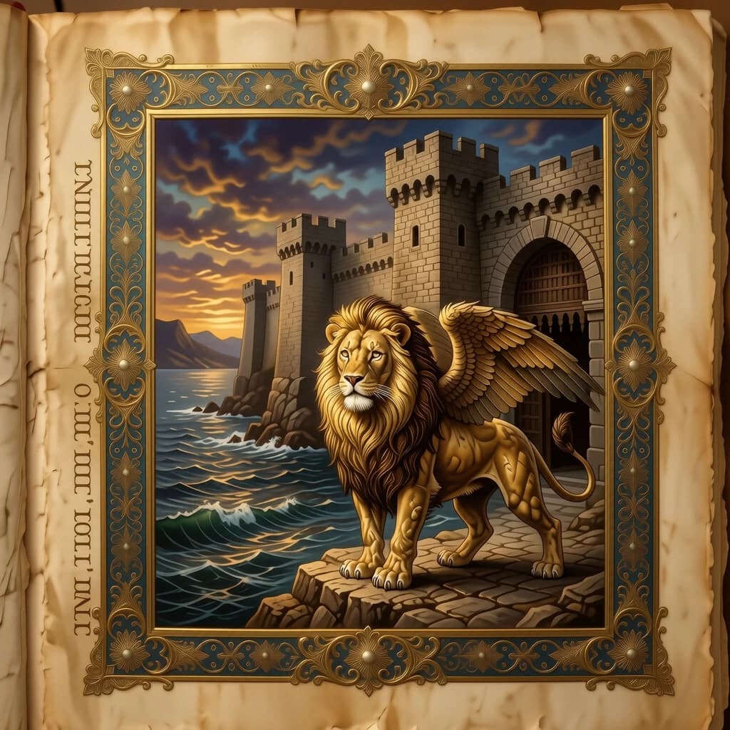 Paint an illuminated manuscript scene of a winged lion guarding a sea gate.