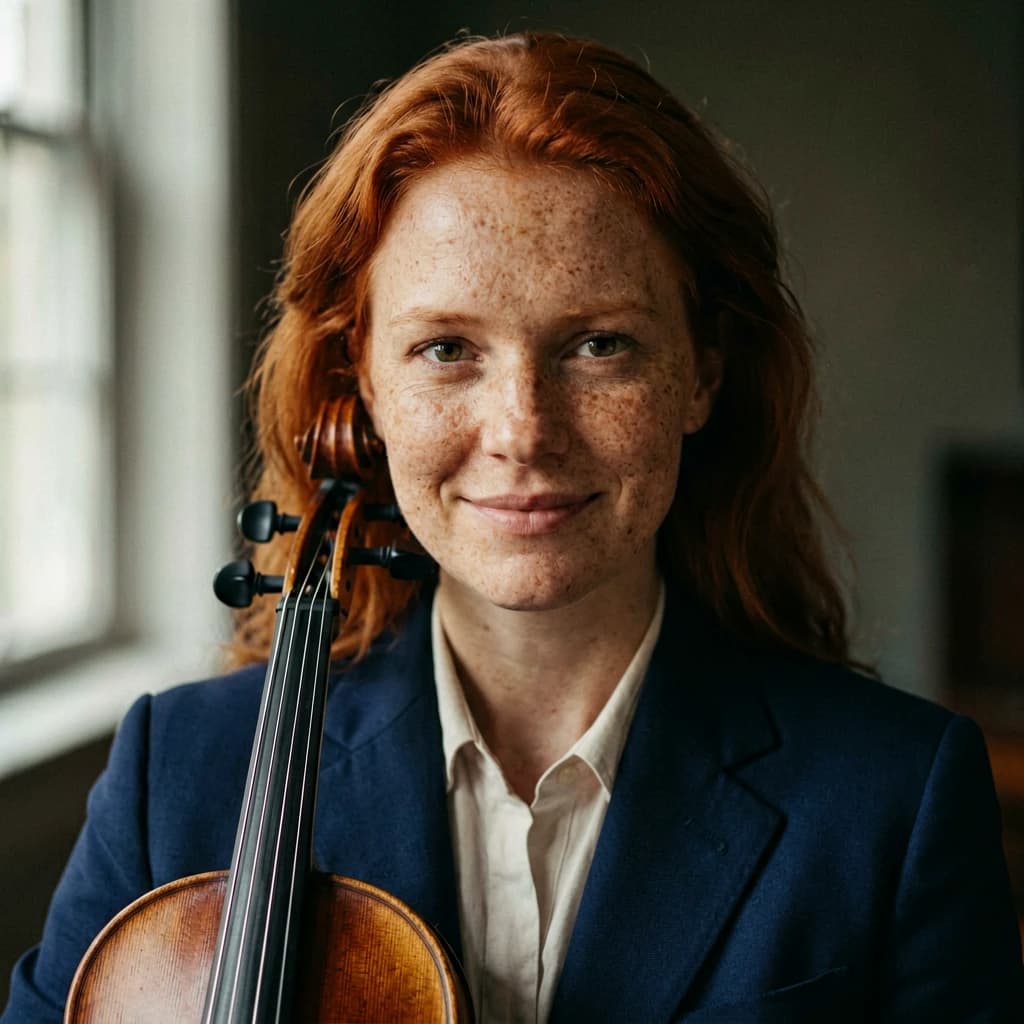 Capture a head-and-shoulders portrait of a freckled red-haired violinist in a navy blazer, soft window light, 85mm at f/1.8, gently smiling yet serious eyes, muted tones.