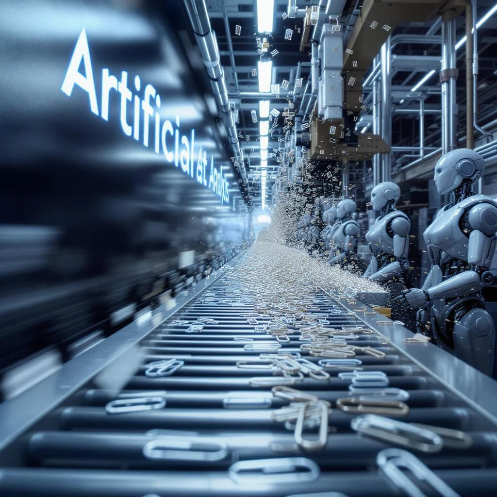 Close up point of view perspective on a conveyor belt pumping out paperclips at a maddening pace. The high tech factory has Artificial Analysis printed proudly on the wall. Robot staff look approvingly over the robust output.