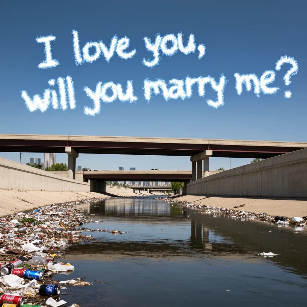 Red soda cans and other garbage sit strewn across the bank of an urban river only a few metres wide. Concrete overpasses criss cross overhead on a bright and sunny day. Fading skywriting proposes marriage