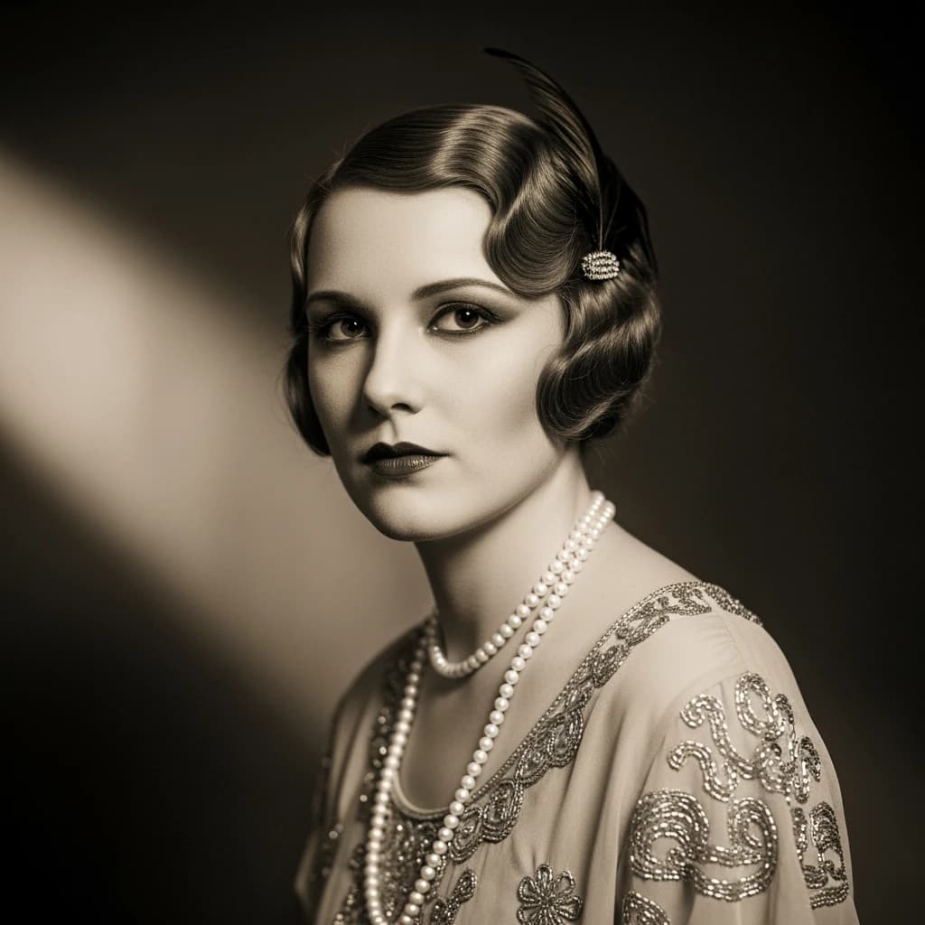 Sepia-toned studio portrait of a flapper with pearl necklace, soft grain.