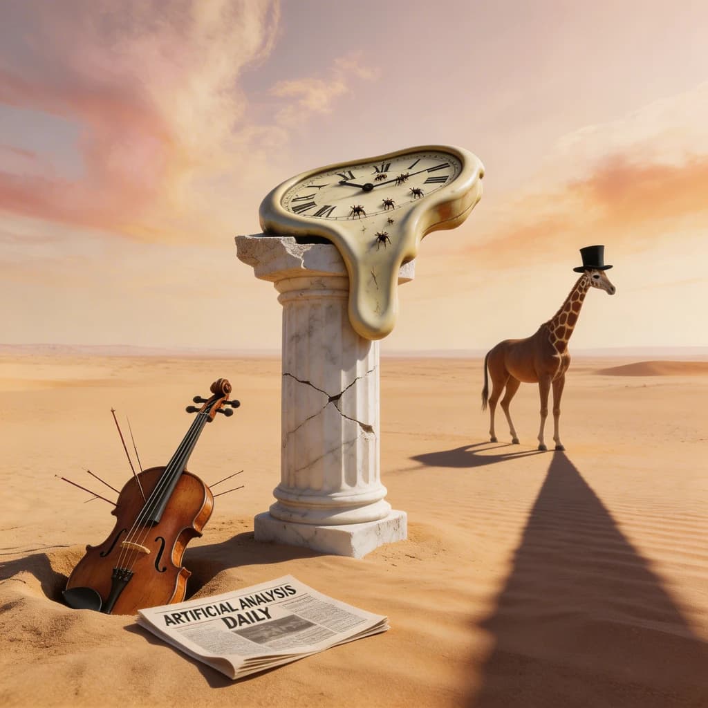 A vast desert plain stretches endlessly under a sky streaked with pale pink and ochre clouds. In the center stands a colossal clock, its face drooping and melting over the edge of a broken marble column. Ants swarm across its warped surface, glinting in the harsh sunlight. To the right, a horse with a giraffe like neck wearing a top hat strides toward the horizon, its shadow stretching miles across the sand. A cracked violin lies half-buried in the foreground, strings snapping outward like veins. Painted in the dreamlike surrealist style. A newspaper named the "Artificial Analysis Daily" lies on the Floor.
