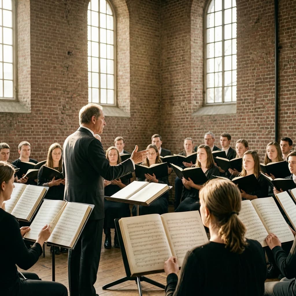 A choir rehearses in a brick hall as somewhat dramatic morning light falls through high windows, with a patient conductor mid-gesture, open scores, intent faces, slight motion blur.