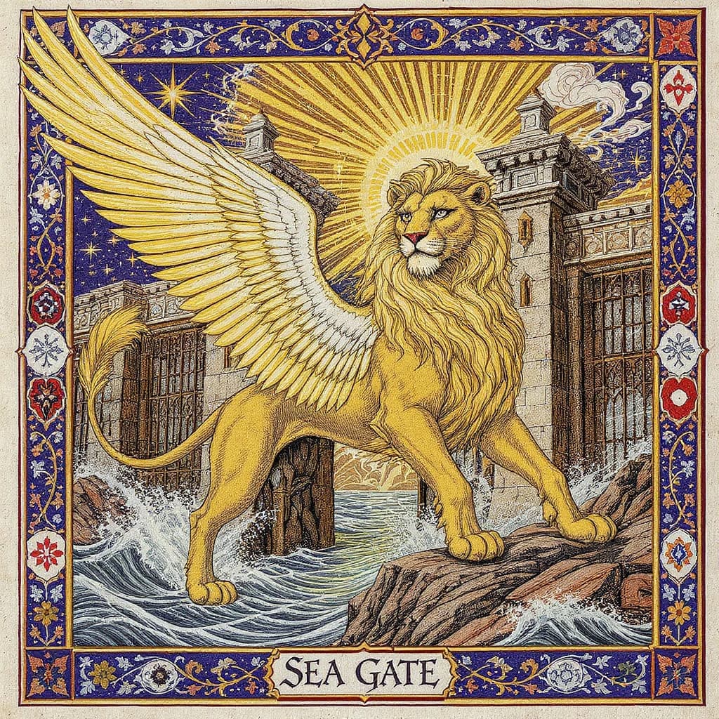 Paint an illuminated manuscript scene of a winged lion guarding a sea gate.