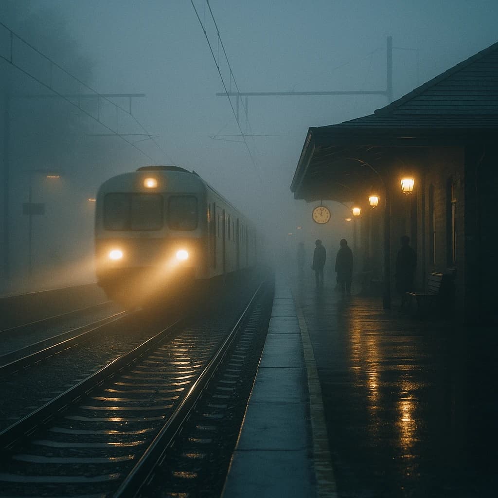 A commuter train enters a foggy little station.