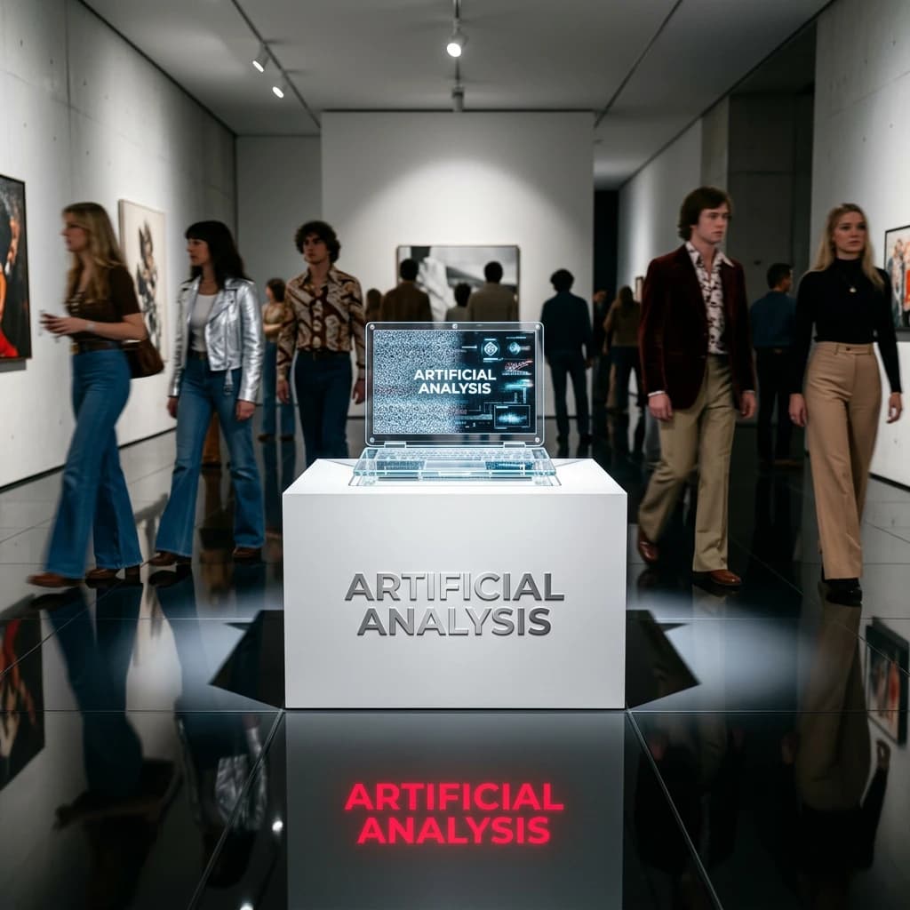 In a spotless gallery space, a pedestal supports a transparent laptop whose screen flickers between static and pristine brand imagery. Shoppers blur past in designer clothes that appear slightly outdated - bell bottoms, metallic jackets. The embossed logo “Artificial Analysis” glints silver, yet its reflection in the glass floor reads in crimson letters. A single spotlight shines, though shadows fall in two directions.