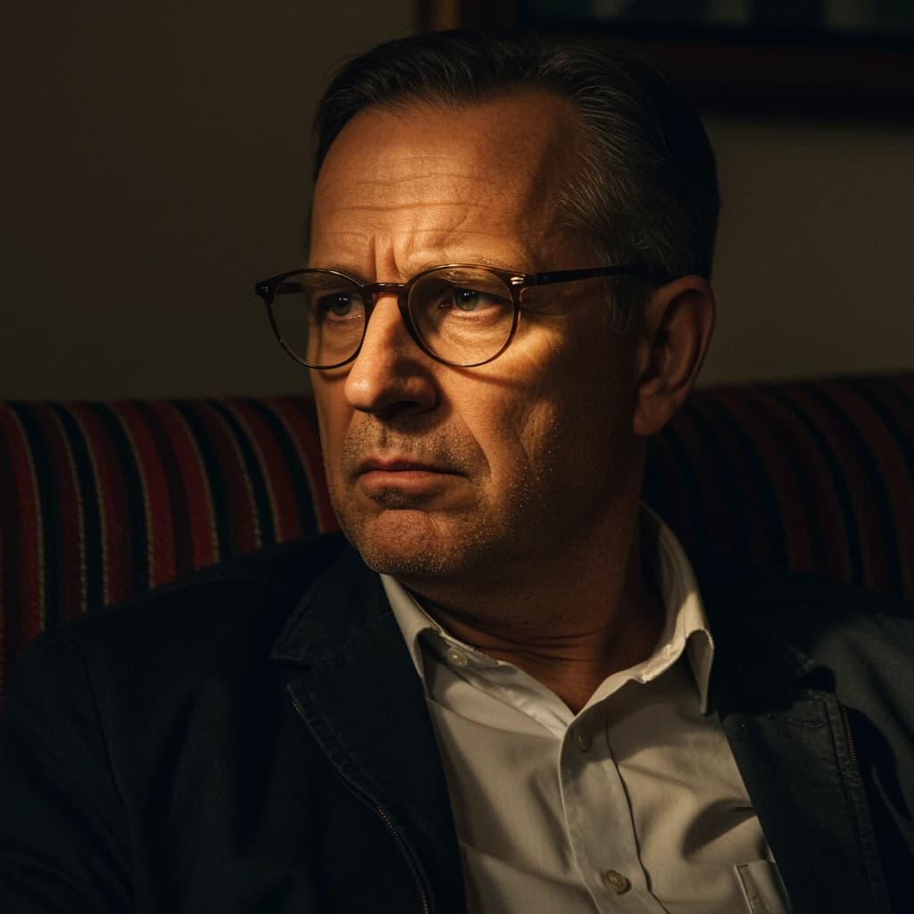 A sharply lit portrait of a middle-aged man wearing thin-rimmed glasses and a dark jacket over a white collared shirt. He gazes intently to the side, his face half illuminated by warm light while the background recedes into deep shadow. The expression is thoughtful, almost wary, as if caught mid-conversation. Behind him, a striped cushion in muted reds and blacks adds subtle texture, contrasting with the crisp highlights on his forehead and glasses. The overall mood is contemplative and cinematic, balancing warmth with tension.