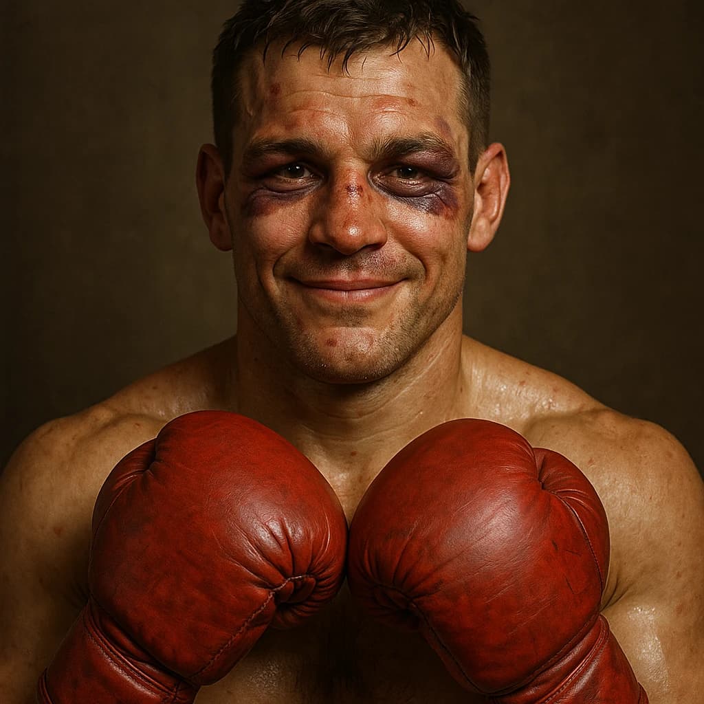 Paint a bruised boxer smiling, serious expression.
