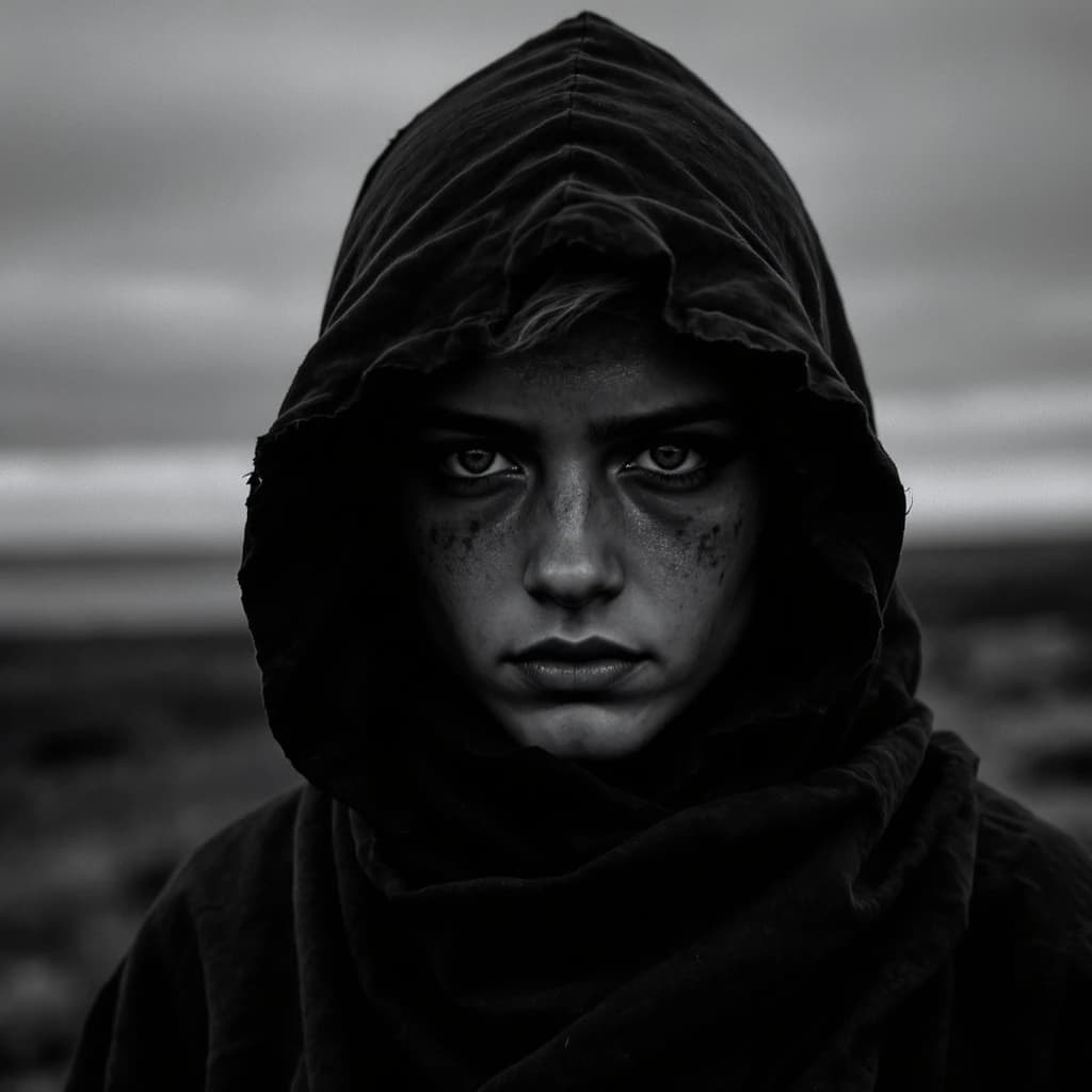 A dramatic black-and-white portrait of a young person draped in a hooded garment, their face framed by the hood's dark folds. Their skin tone and the subtle sheen on their cheeks create striking tonal contrast against the deep shadows. Their eyes are piercing, looking directly into the lens with a calm, steady intensity—neither confrontational nor submissive, but deeply present. The texture of the fabric is visible: it's dense, slightly weathered, and whisper-thin creases catch the light. In the background, an expansive, out-of-focus landscape suggests open space—perhaps distant plains or water—though the details remain soft and abstract. The overall mood is silent yet powerful, poised between vulnerability and resilience, with every highlight and shadow telling part of their story.