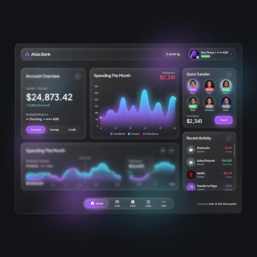 Dark mode banking dashboard with glassmorphism.