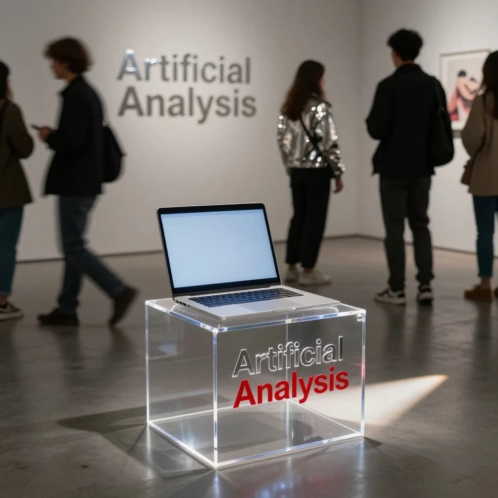 In a spotless gallery space, a pedestal supports a transparent laptop whose screen flickers between static and pristine brand imagery. Shoppers blur past in designer clothes that appear slightly outdated - bell bottoms, metallic jackets. The embossed logo “Artificial Analysis” glints silver, yet its reflection in the glass floor reads in crimson letters. A single spotlight shines, though shadows fall in two directions.