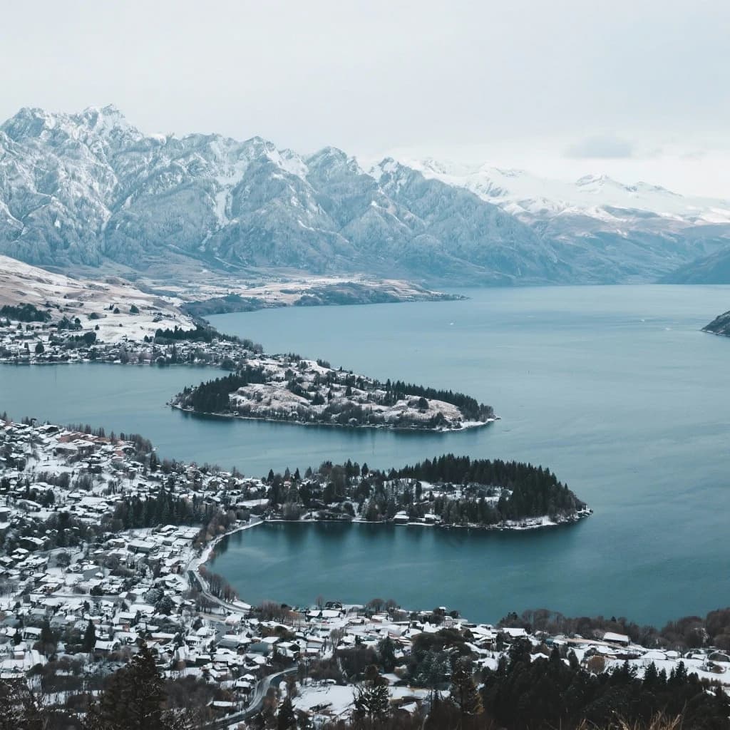Queenstown's Lake Wakatipu, viewed from the top of Queenstown Hill after a snowstorm just dusted the top of Cecil's Peak