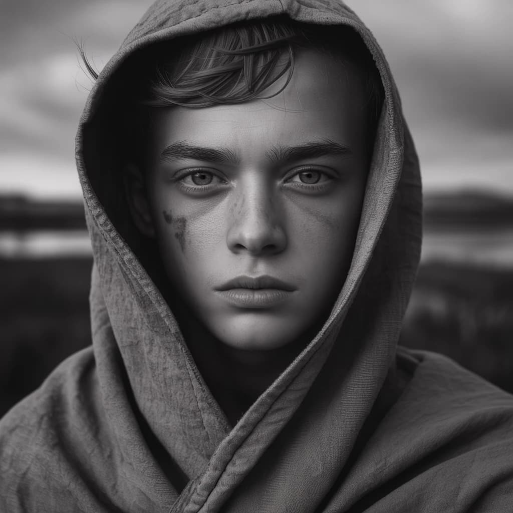 A dramatic black-and-white portrait of a young person draped in a hooded garment, their face framed by the hood's dark folds. Their skin tone and the subtle sheen on their cheeks create striking tonal contrast against the deep shadows. Their eyes are piercing, looking directly into the lens with a calm, steady intensity—neither confrontational nor submissive, but deeply present. The texture of the fabric is visible: it's dense, slightly weathered, and whisper-thin creases catch the light. In the background, an expansive, out-of-focus landscape suggests open space—perhaps distant plains or water—though the details remain soft and abstract. The overall mood is silent yet powerful, poised between vulnerability and resilience, with every highlight and shadow telling part of their story.